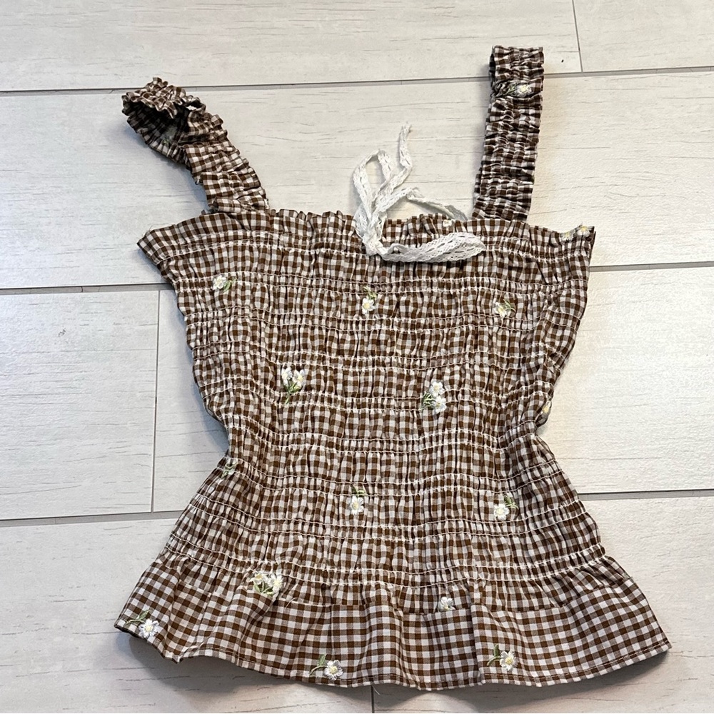 Brown Gingham Smocked Blouse